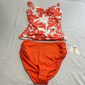 NWT Anne Cole Coral White Floral Tankini Size 34DD/36D Bottoms Size Medium New